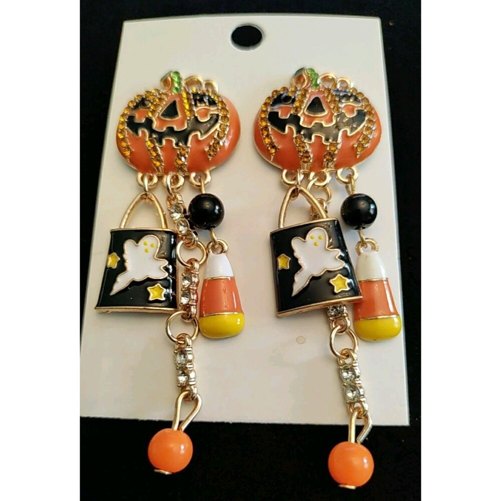 Halloween Pumpkin Dangle Earrings With Candy Corn & Ghost Trick Or Treat Bag - Picture 2 of 3